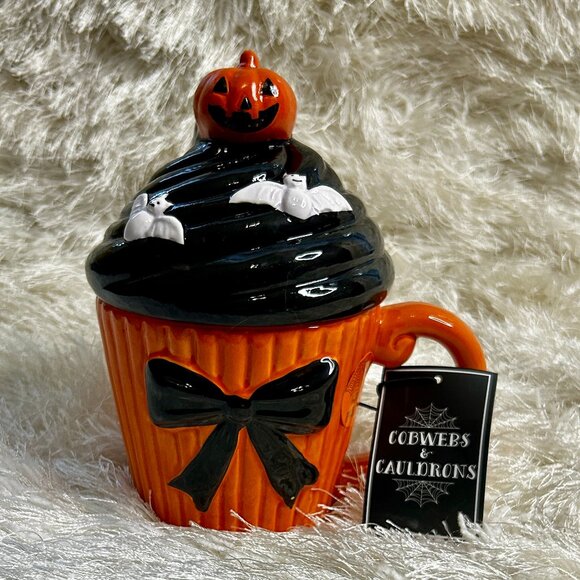 Cobwebbs & Cauldrons Spooky Cupcake Mug with a Bow, Pumpkin & Bats - Picture 1 of 3